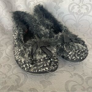 Fuzzy Slip-On Ballerina Flats Black Grey  Bow & Beads Slipper Shoes